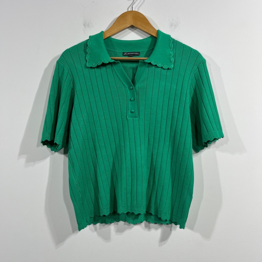 Adrianna Papell Kelly Green Ribbed Knit Polo Sweater Scallop Trim Womens Large